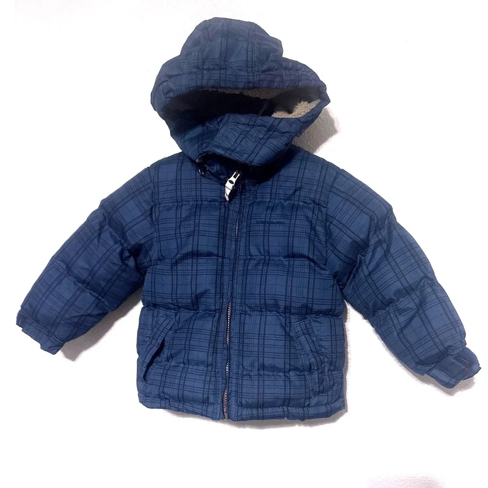 London Fog Kids Plaid Puffer Coat Hooded Thick‎ Sherpa Lined Blue Black Size 3T
